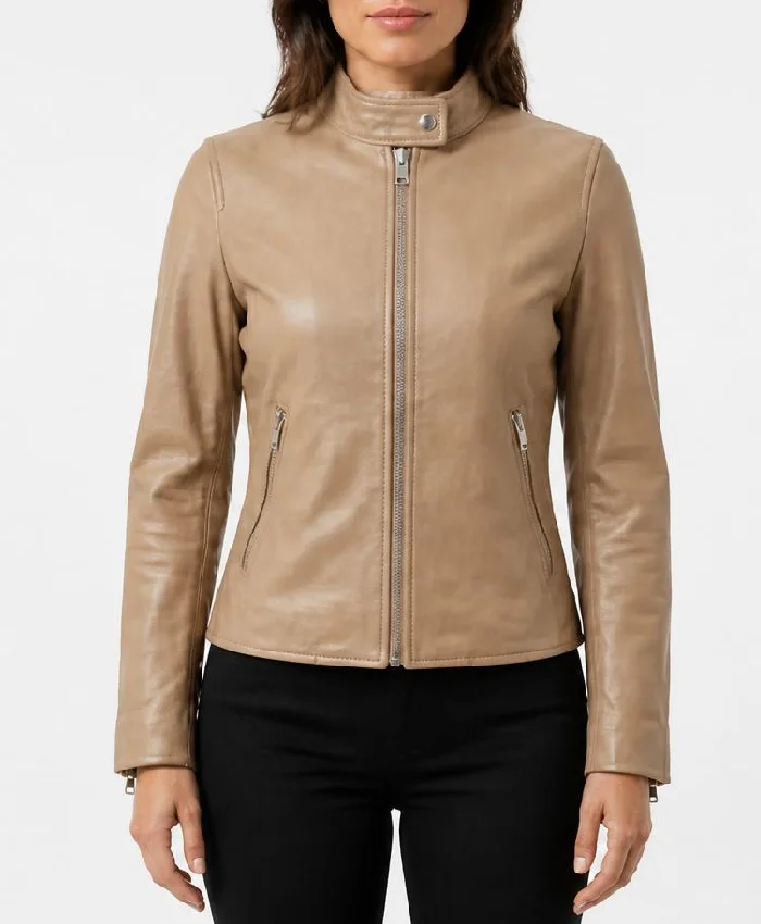 Beige Lightweight Biker Leather Jacket with Zipper For Womens