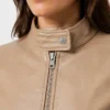 Beige Lightweight Biker Leather Jacket with Zipper Women