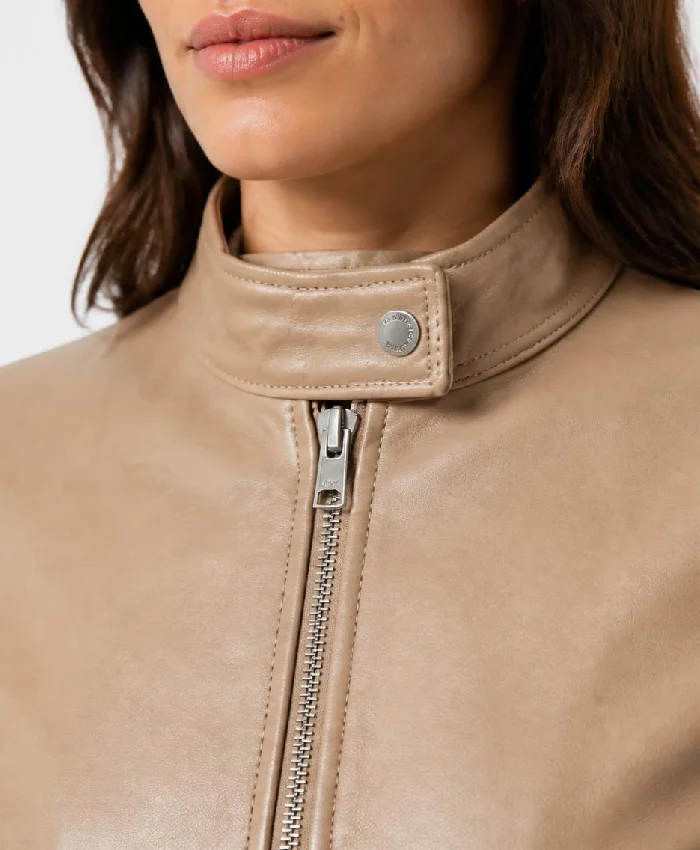 Beige Lightweight Biker Leather Jacket with Zipper Women