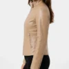 Beige Lightweight Biker Leather Jacket with Zipper Womens