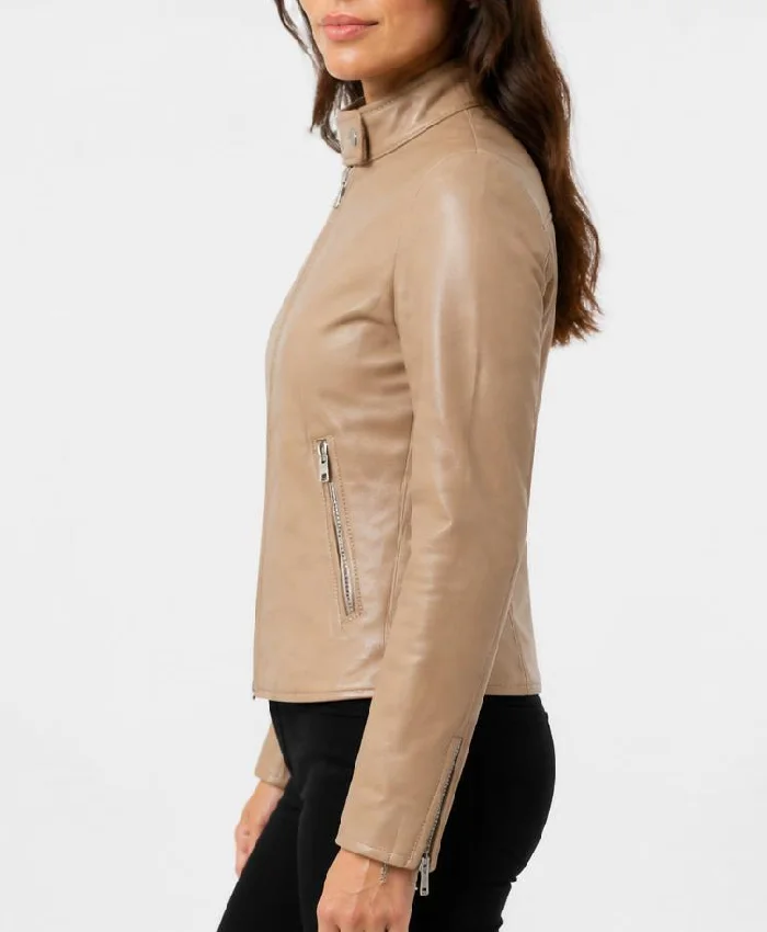 Beige Lightweight Biker Leather Jacket with Zipper Womens