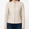 Beige Slim Leather Jacket with Stand-Up Collar Women