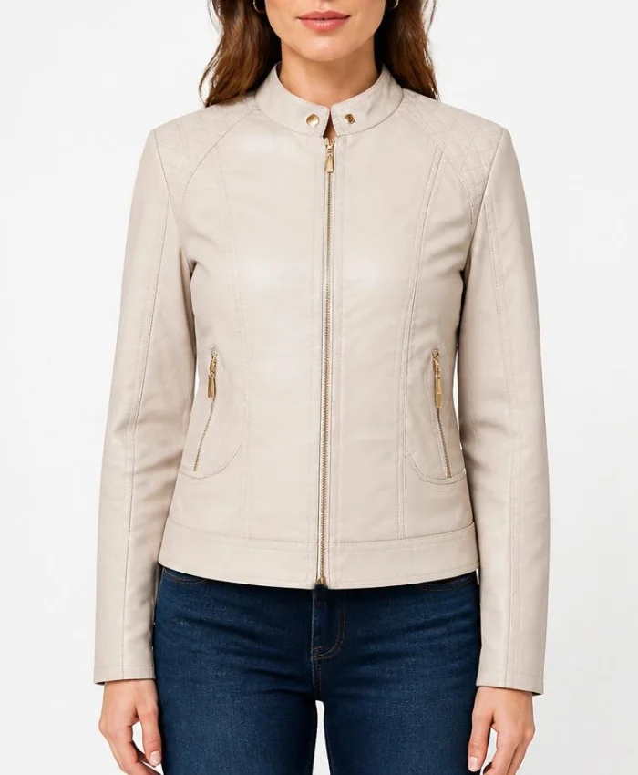 Beige Slim Leather Jacket with Stand-Up Collar Women