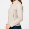 Beige Slim Leather Jacket with Stand-Up Collar Womens