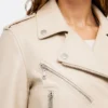 Beige Vintage Moto Leather Jacket with Lapel Collar Women