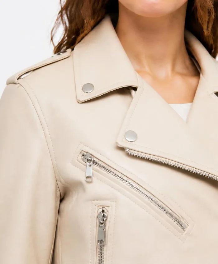 Beige Vintage Moto Leather Jacket with Lapel Collar Women