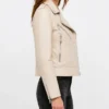 Beige Vintage Moto Leather Jacket with Lapel Collar Womens