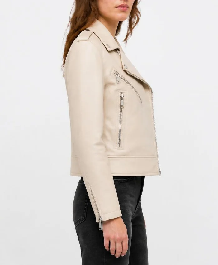 Beige Vintage Moto Leather Jacket with Lapel Collar Womens