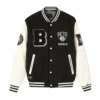Brooklyn Nets Black and Off White Varsity Jacket