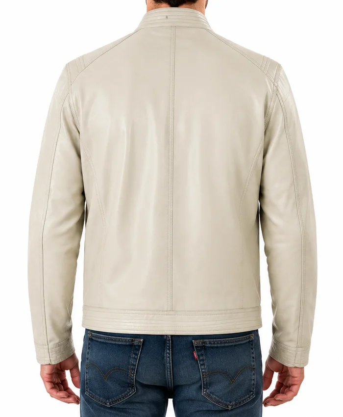 Classic Beige Café Racer Leather Motorcycle Jacket For Mens