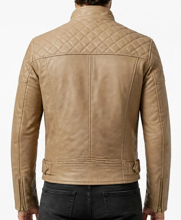 Classic Beige Leather Biker Jacket with Stand Collar For Men