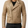 Classic Beige Leather Biker Jacket with Stand Collar For Mens