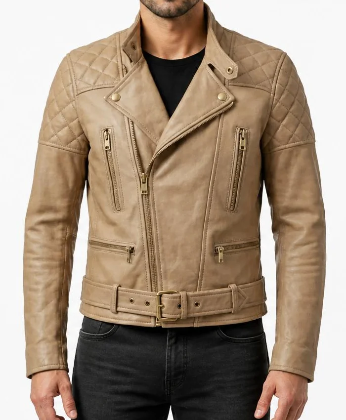 Classic Beige Leather Biker Jacket with Stand Collar For Mens