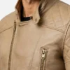 Classic Beige Leather Biker Jacket with Stand Collar Mens