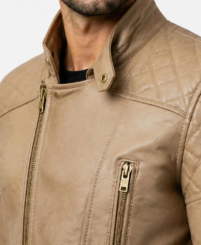Classic Beige Leather Biker Jacket with Stand Collar Mens