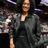 NBA 2025 Silver Crystal Renee Hayslett Snap Hardware and Ruched Shoulders Black Leather Trucker Jacket