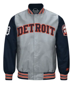 Detroit Tigers Gray and Navy Satin Varsity Jacket