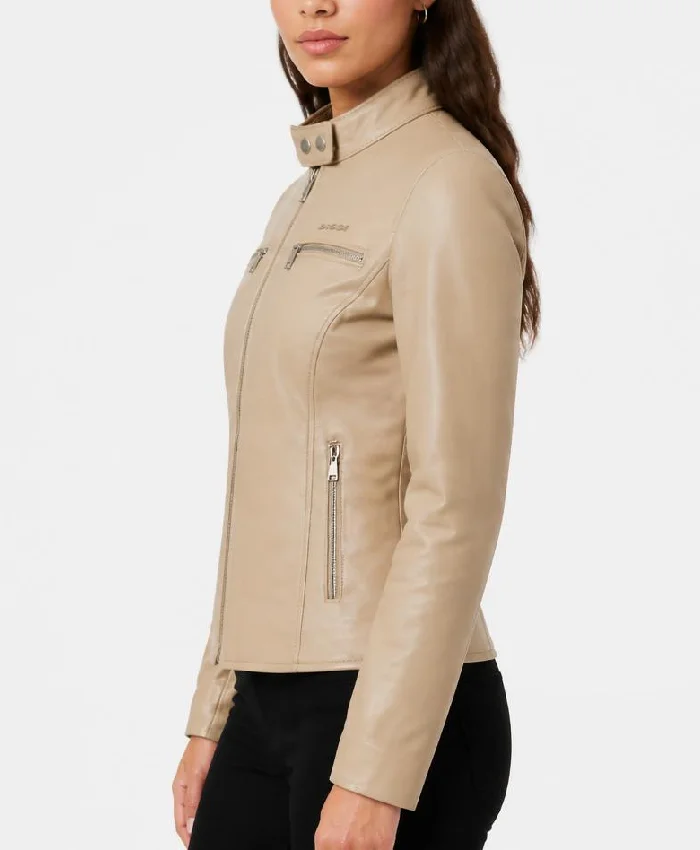 Dodge Beige Cafe Racer Leather Jacket For Women
