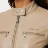 Dodge Beige Cafe Racer Leather Jacket For Womens