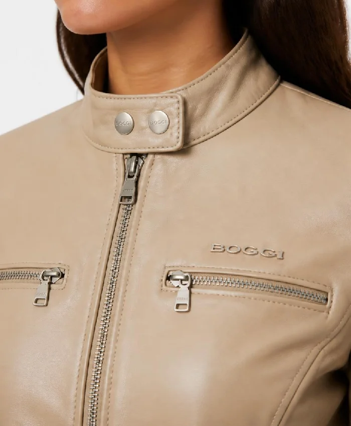 Dodge Beige Cafe Racer Leather Jacket For Womens