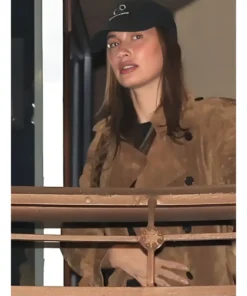 Hailey Bieber Sushi Park 2025 Double-Breasted Brown Suede Trench Coat