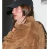 Hailey Bieber Sushi Park 2025 Double-Breasted Brown Suede Trench Coat