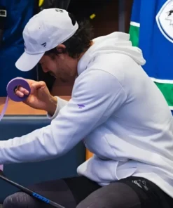 Hockey Fights Cancer Vancouver Canucks Purple & Blue Logo White Pullover Hoodie