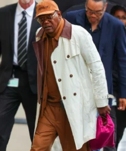 Samuel L. Jackson Los Angeles 2025 White & Brown Two-Tone Contrasting Collar Mid-Length Trench Coat