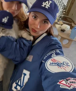 World Series LA Dodgers 2025 Maude Apatow Blue Bomber Jacket