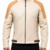 Men’s Beige Café Racer Leather Jacket Vintage Moto Style