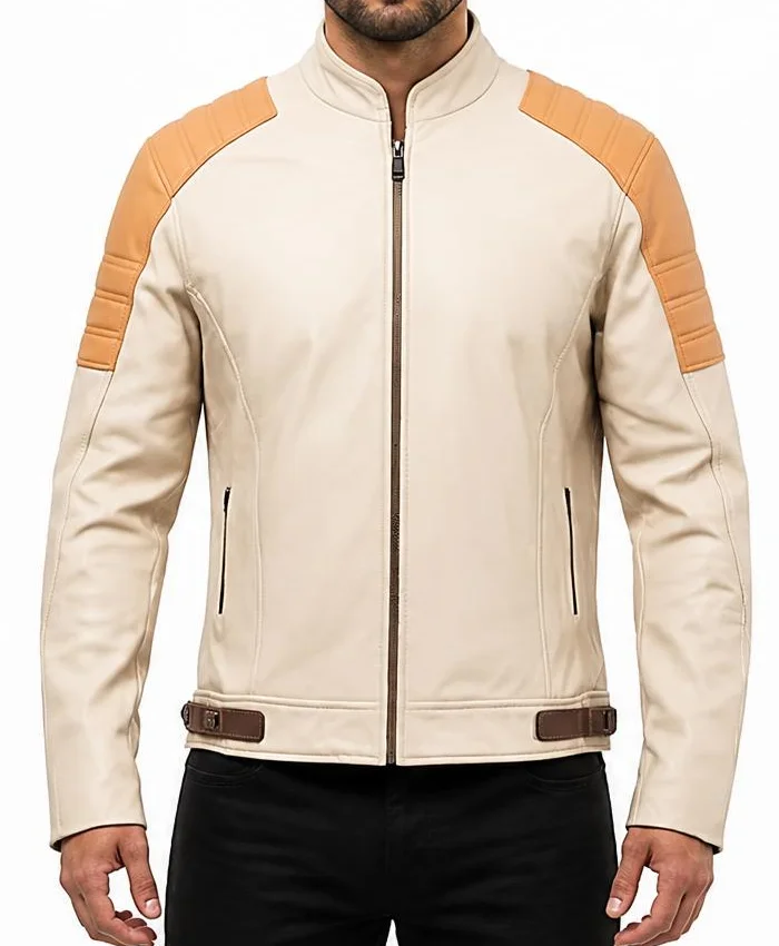 Men’s Beige Café Racer Leather Jacket Vintage Moto Style