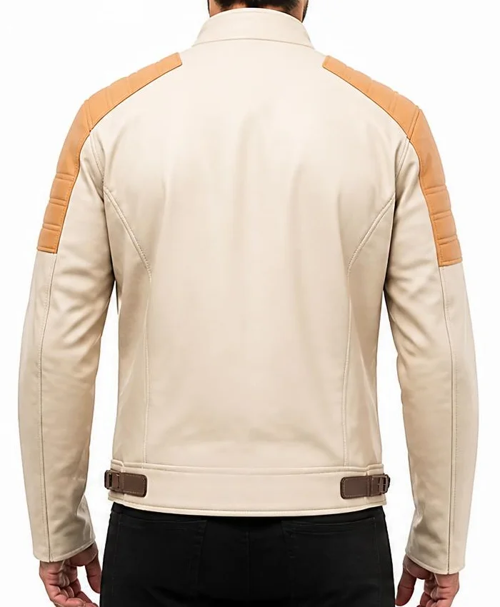 Mens Beige Café Racer Leather Jacket – Vintage Moto Style