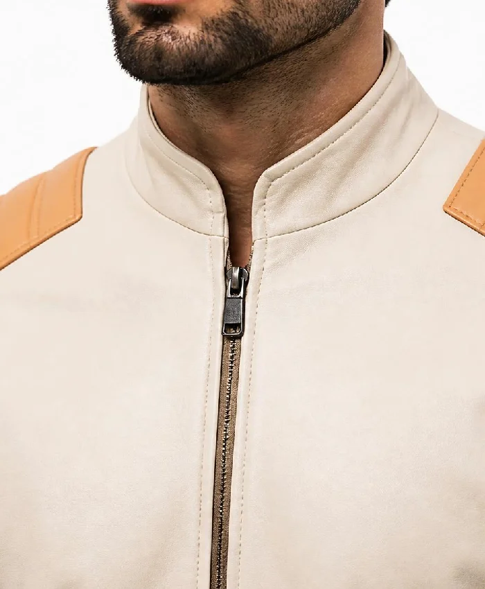 Mens Beige Cafe Racer Vintage Moto Style Leather Jacket