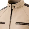 Men’s Beige Leather Café Racer Biker Jacket Close Up
