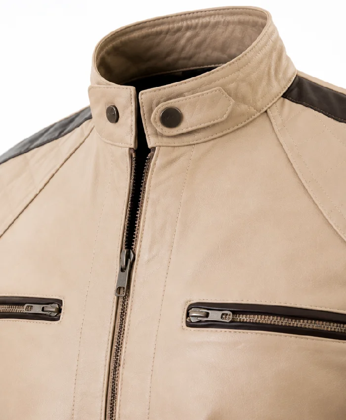 Men’s Beige Leather Café Racer Biker Jacket Close Up