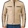 Men’s Beige Leather Café Racer Biker Jacket with Striped