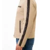 Men’s Beige Leather Café Racer Biker Jacket with Striped Stand-Up