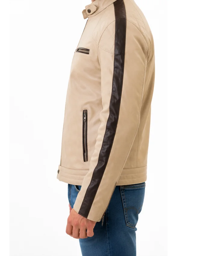 Men’s Beige Leather Café Racer Biker Jacket with Striped Stand-Up