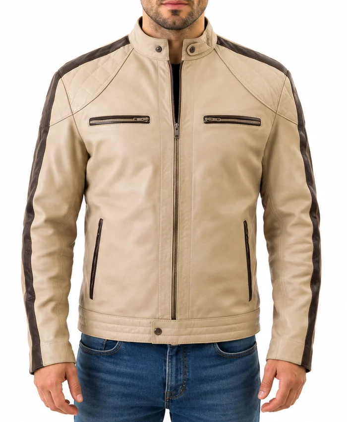 Men’s Beige Leather Café Racer Biker Jacket with Striped