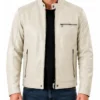 Mens Classic Beige Café Racer Leather Motorcycle Jacket