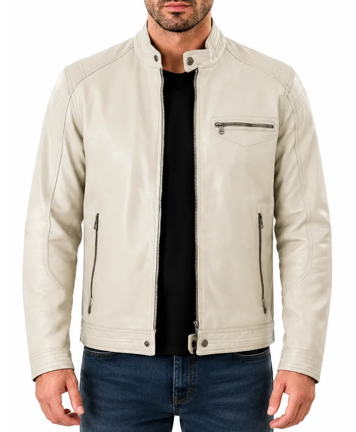 Mens Classic Beige Café Racer Leather Motorcycle Jacket