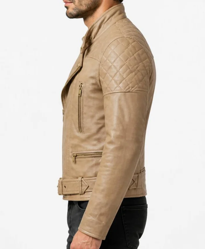 Mens Classic Beige Leather Biker Jacket with Stand Collar