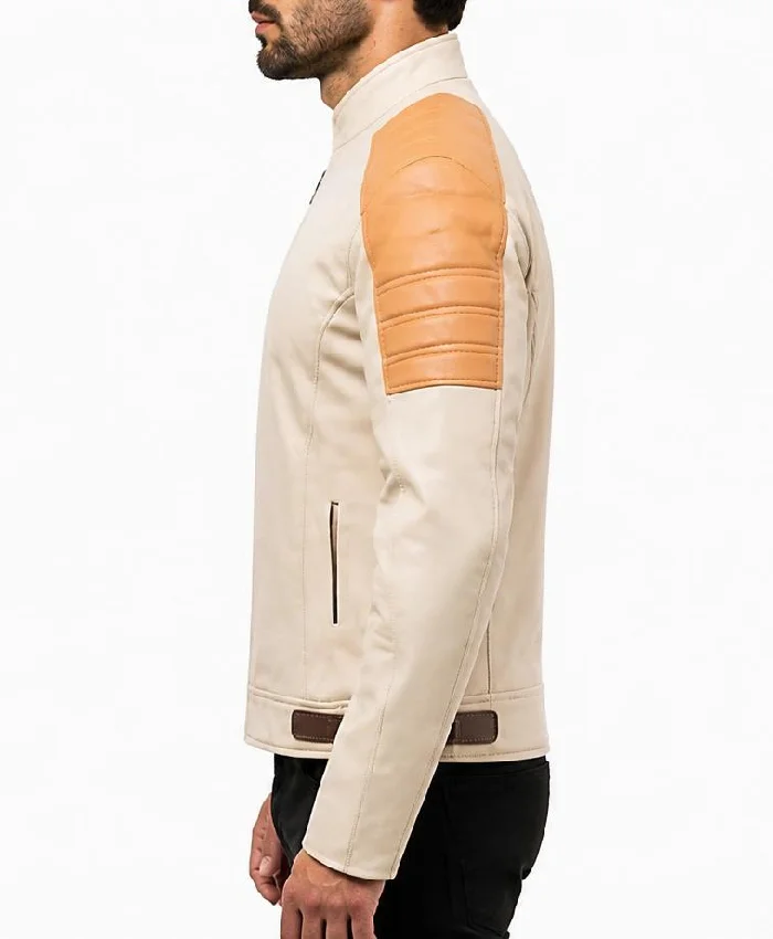 Mens Vintage Moto StyleBeige Café Racer Leather Jacket