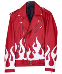 Meteor Flames Red Leather Biker Jacket