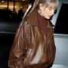 Taylor Swift NYC Night Out 2025 Brown Bomber Leather Jacket
