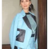 Olivia Munn New York City Street Style Blue and Black Leather Jacket