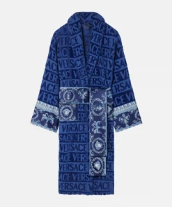 Versace Navy Bathrobe With Baroque Print Belt