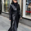 NYC 2025 Olivia Munn Midtown Belted Waist Black Leather Long Trench Coat