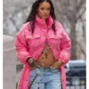 Rihanna During Her Baby Bump Debut Pink Puffer Coat
