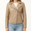 Stylish Beige Moto Leather Jacket For Womens